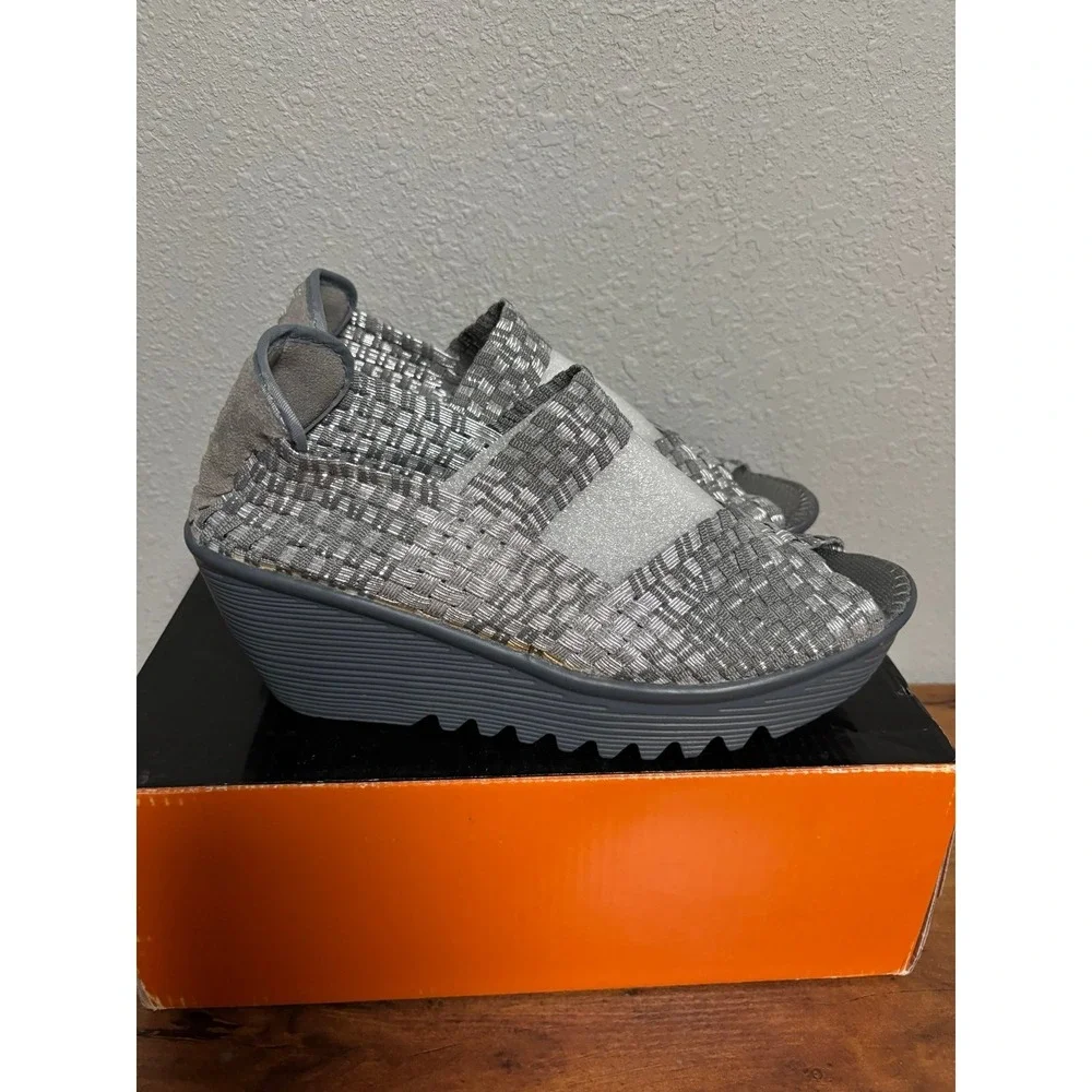 Bernie Mev Hallie Silver Grey Woven Wedge Sandals Size 38 US 7.5-8